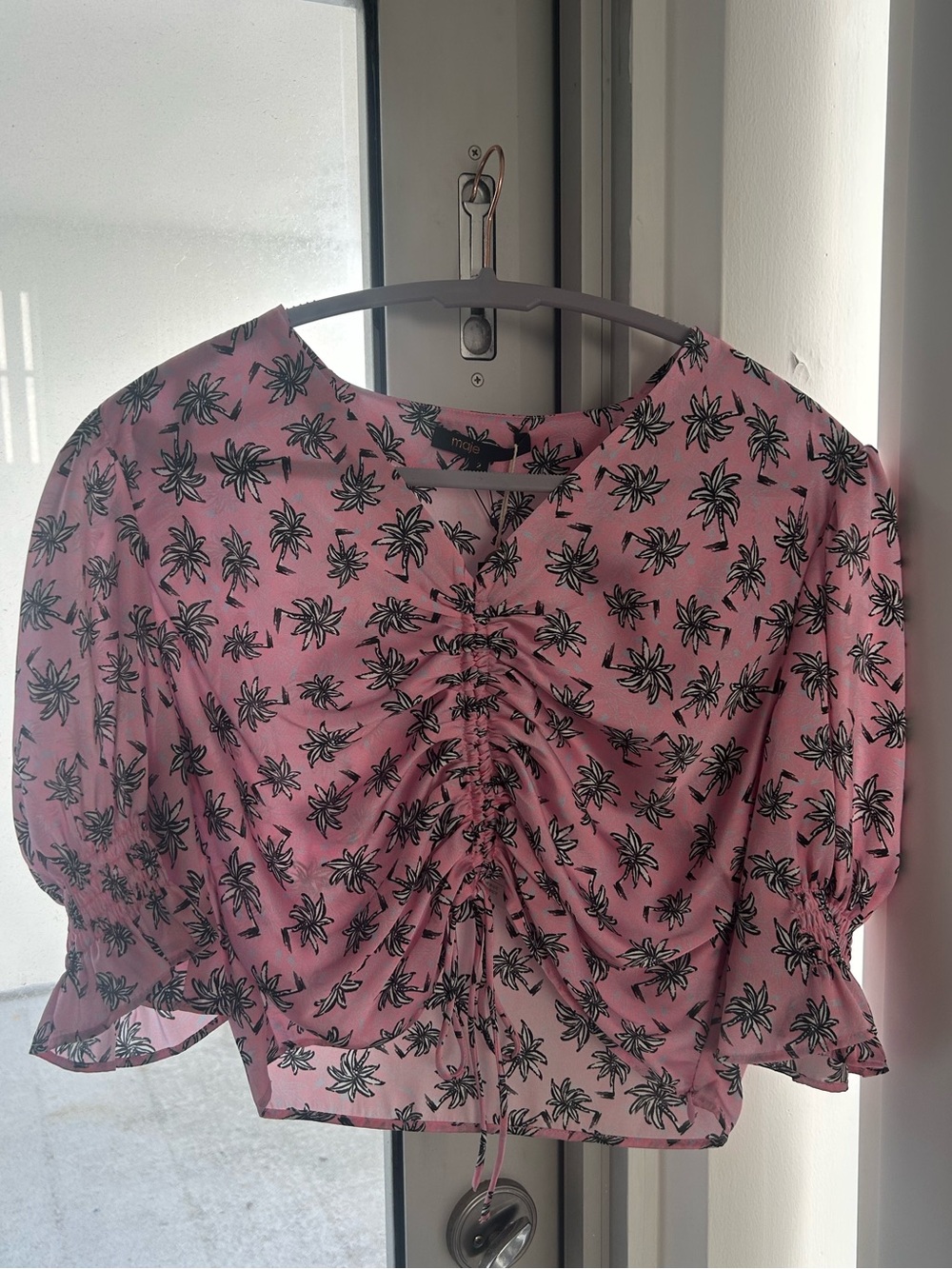 Maje Pink Palm-Print Ruched Crop Top